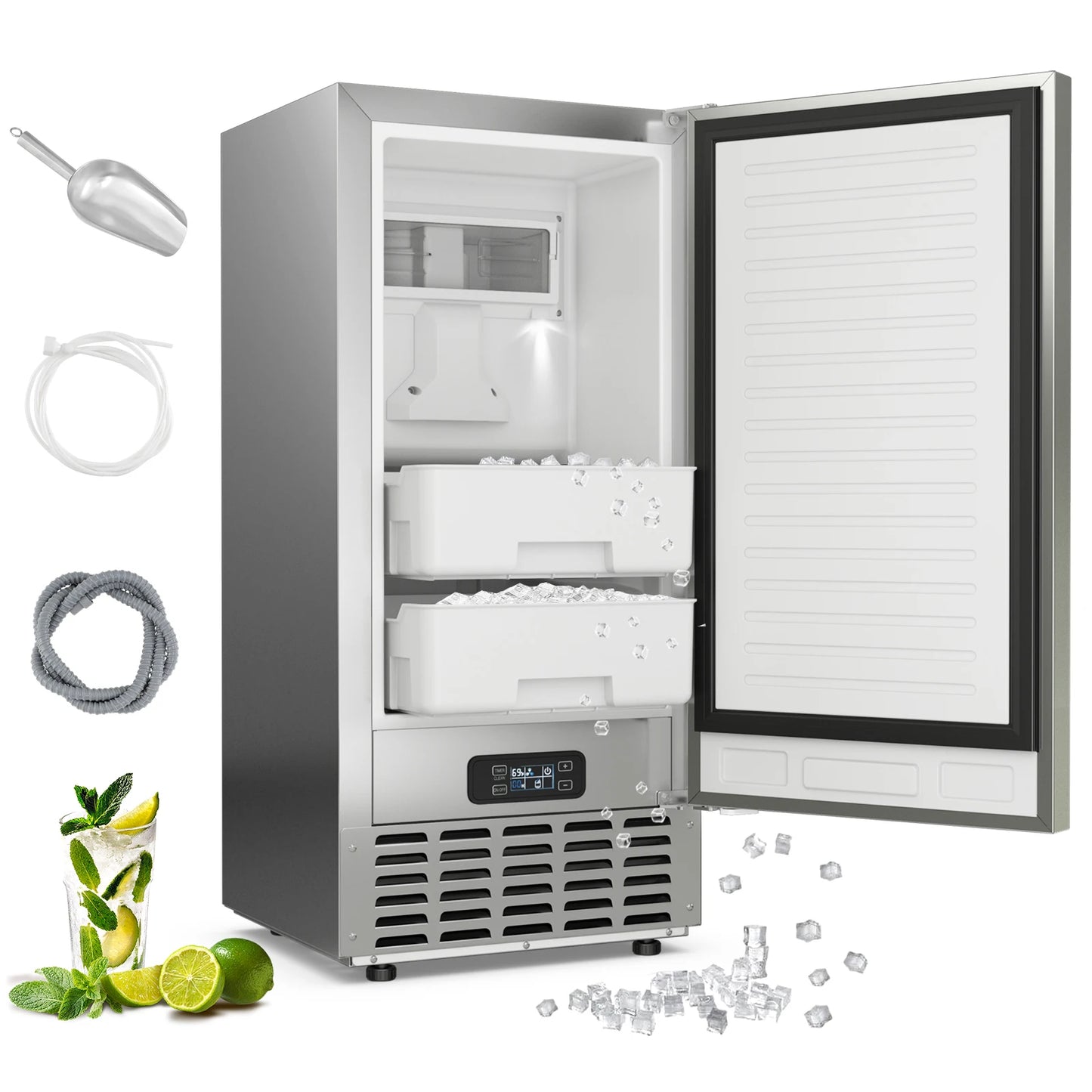 Under Counter Nugget Ice Maker – 80 LBS/Day, Self-Cleaning, 24H Timer, LCD Control Panel, Chewable Ice Machine for Home Bar & Commercial Use