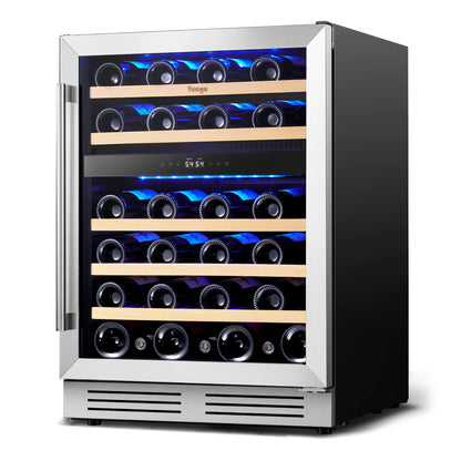 52 Bottle Dual Zone Wine Cooler Refrigerator, 5.12 Cu.Ft Built-In/Freestanding Wine Fridge, 40–65°F Compressor Cooling, Digital Temperature Control, Door Lock, Blue LED Light