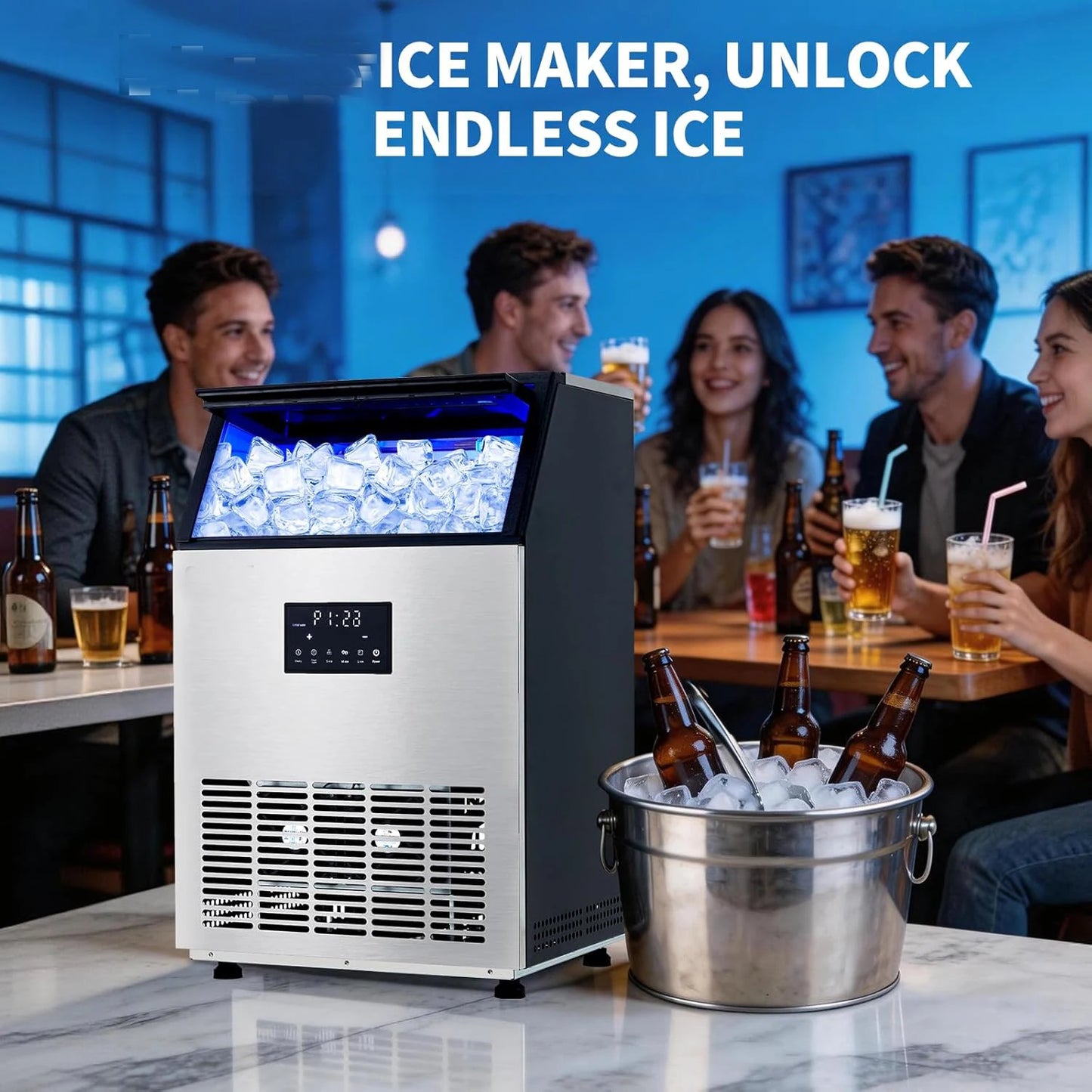 Commercial Ice Maker 100 LBS/24H – Under Counter & Freestanding, 40 LBS Storage Bin, Fast 15-Min Ice, Auto Clean Stainless Steel Ice Machine