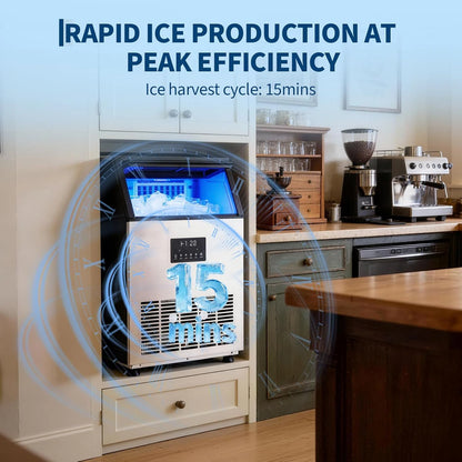 Commercial Ice Maker 100 LBS/24H – Under Counter & Freestanding, 40 LBS Storage Bin, Fast 15-Min Ice, Auto Clean Stainless Steel Ice Machine