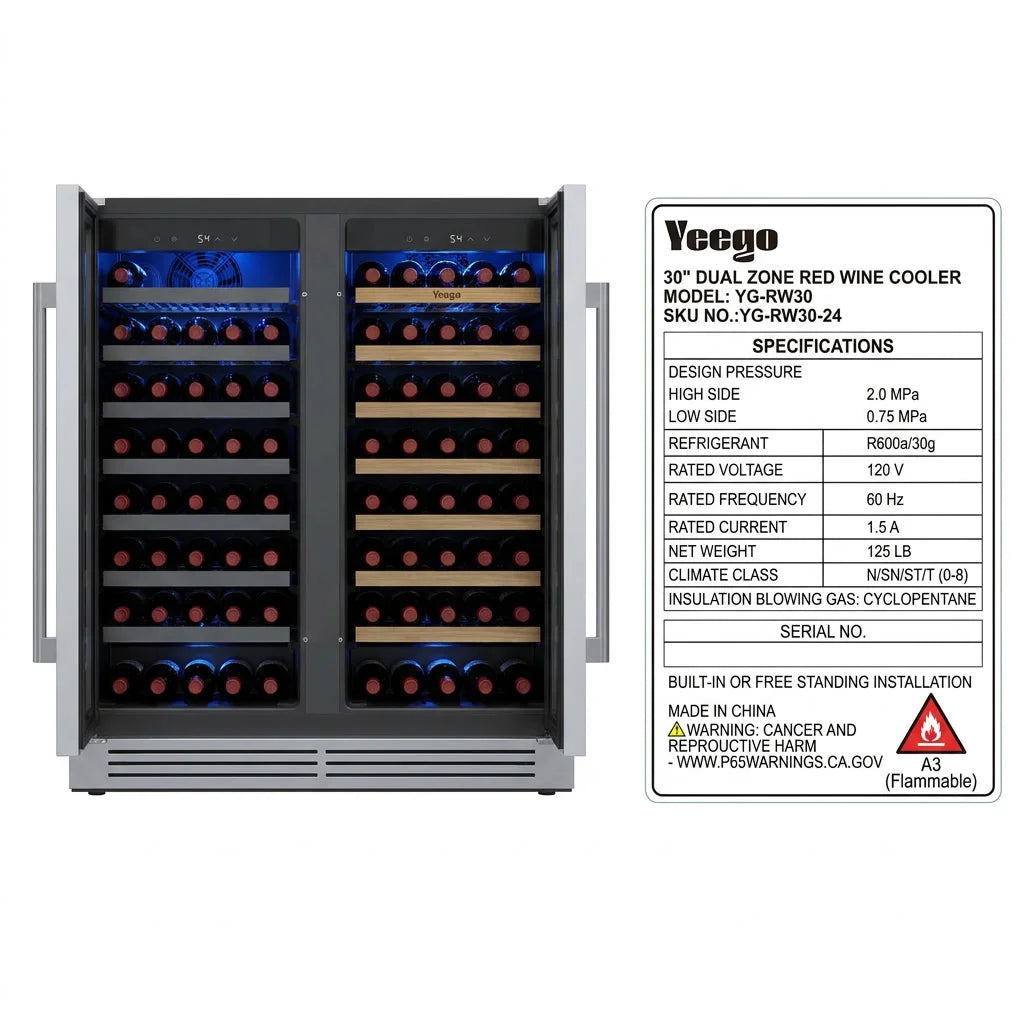 30 Inch Wine Cooler Refrigerator | Stainless Steel Built-In Under Counter Beverage & Wine Fridge with Glass Door for Kitchen & Home Bar Installation