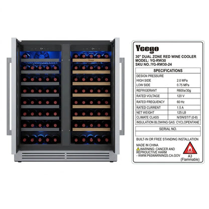 30 Inch Wine Cooler Refrigerator | Stainless Steel Built-In Under Counter Beverage & Wine Fridge with Glass Door for Kitchen & Home Bar Installation
