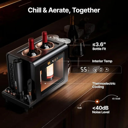 Electric Wine Chiller Set | 46–64°F Wine Cooler for 2 Standard Bottles (3.6” Diameter) with Electric Opener & 2 Glasses | All-in-One Wine Gift Set for Home Use