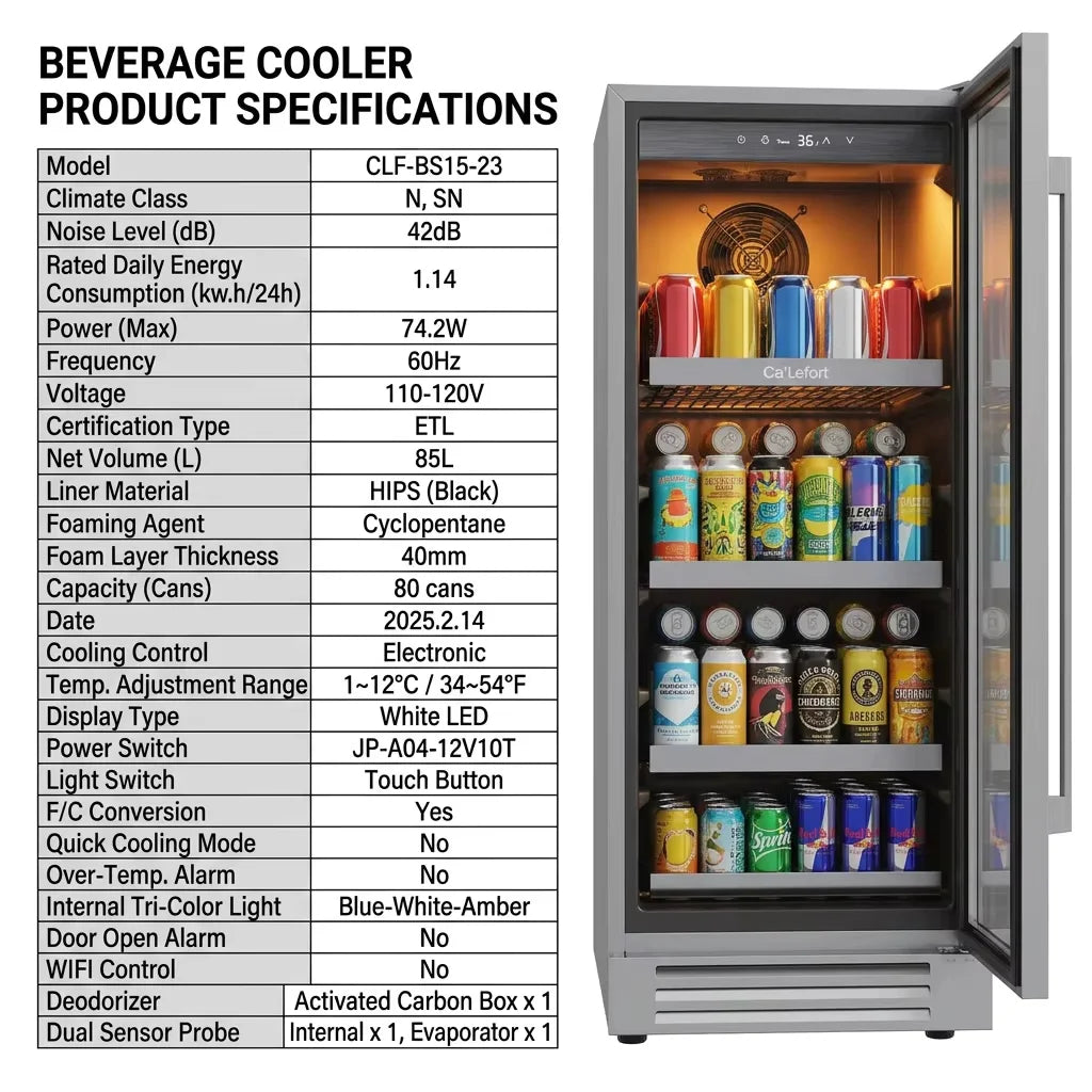 15 Inch Beverage Refrigerator Cooler | 100 Can Mini Fridge with Glass Door | Compact Beverage Cooler for Home & Office Use