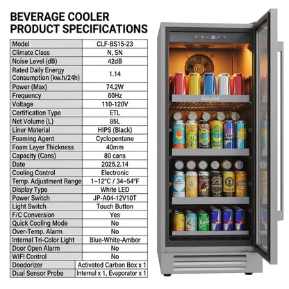 15 Inch Beverage Refrigerator Cooler | 100 Can Mini Fridge with Glass Door | Compact Beverage Cooler for Home & Office Use