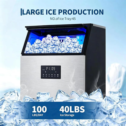 Commercial Ice Maker 100 LBS/24H – Under Counter & Freestanding, 40 LBS Storage Bin, Fast 15-Min Ice, Auto Clean Stainless Steel Ice Machine
