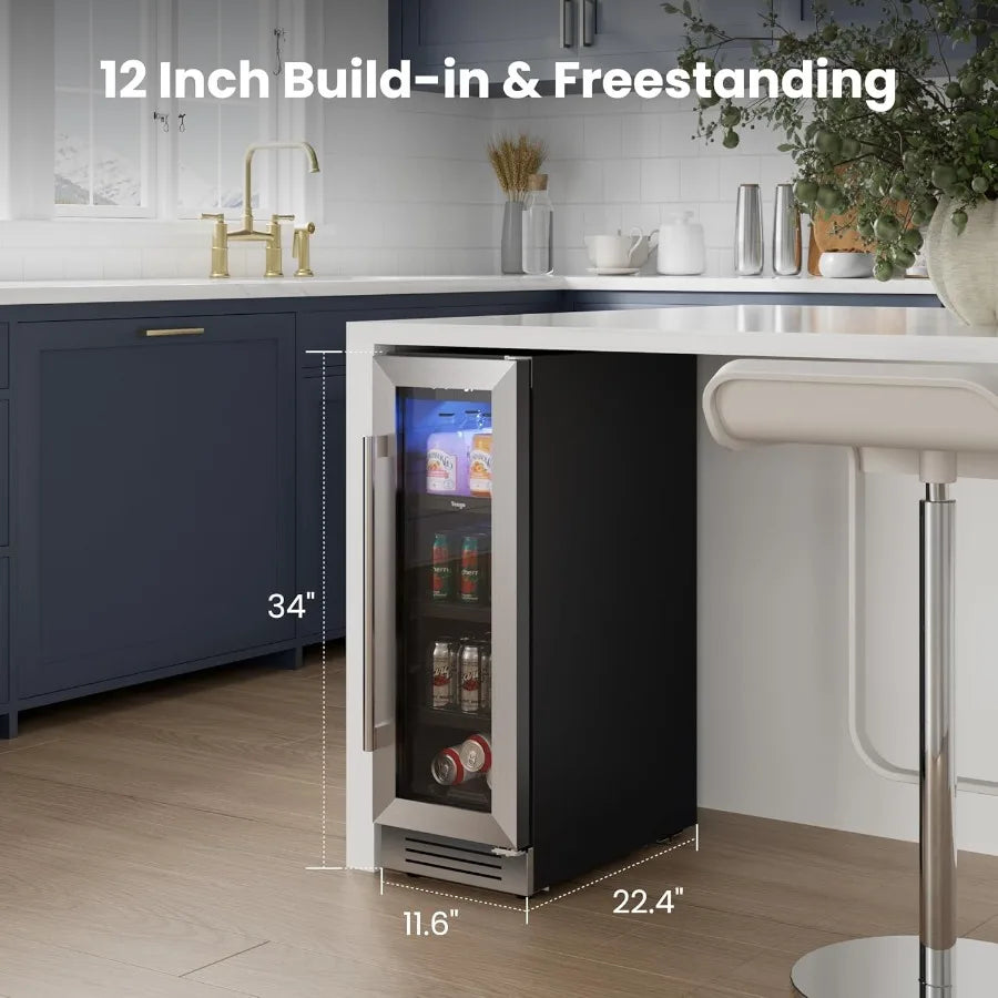 12 Inch Beverage Refrigerator | 60 Can Beer Cooler with Glass Door | Under Counter Built-in Drink Fridge with Adjustable Temperature (34–54°F) for Home & Bar