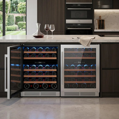 52 Bottle Dual Zone Wine Cooler Refrigerator, 5.12 Cu.Ft Built-In/Freestanding Wine Fridge, 40–65°F Compressor Cooling, Digital Temperature Control, Door Lock, Blue LED Light