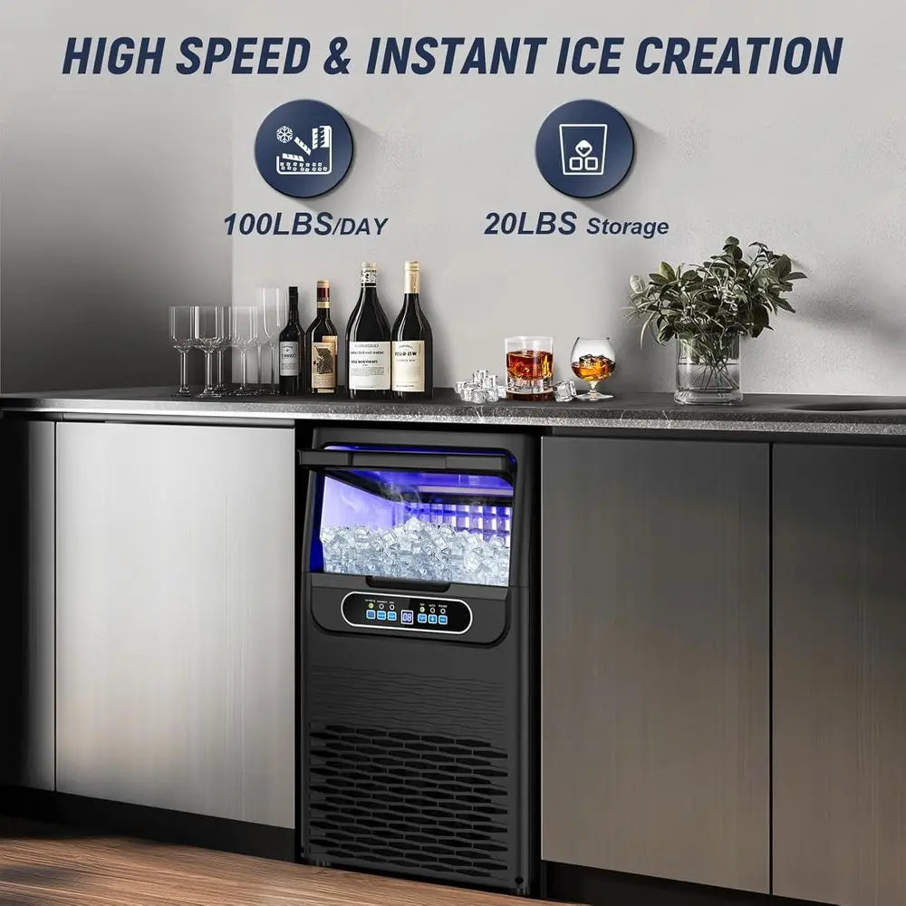Commercial Ice Maker 100 LBS/24H – 20 LBS Storage Bin, 36 Cubes per Cycle, Fast 15-Min Ice, Undercounter Stainless Steel Ice Machine for Home Bar & Outdoor Use