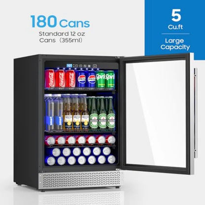 24 Inch Beverage Refrigerator Cooler | 180 Can Capacity Stainless Steel Black Fridge with Glass Door & Adjustable Temperature (37–64°F) for Kitchen, Home Bar & Office