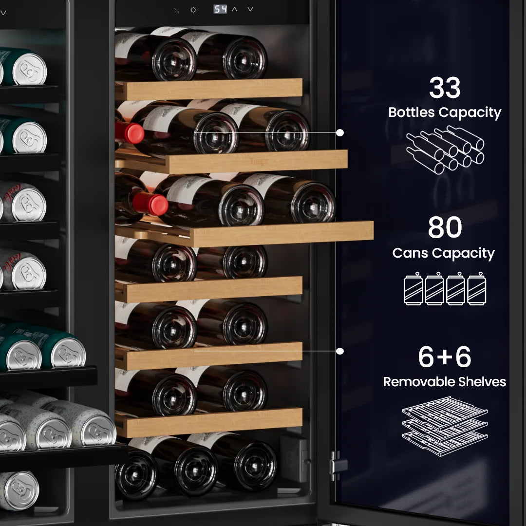 Yeego Dual Zone Wine Cooler 33 Bottles + 80 Cans | Under Counter Wine & Beverage Refrigerator with Auto Defrost, Compressor Cooling & Digital Temperature Control