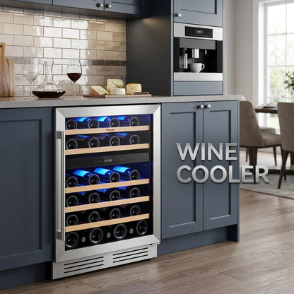 52 Bottle Dual Zone Wine Cooler Refrigerator, 5.12 Cu.Ft Built-In/Freestanding Wine Fridge, 40–65°F Compressor Cooling, Digital Temperature Control, Door Lock, Blue LED Light
