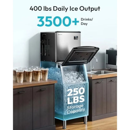 Commercial Ice Maker 400 LBS/24H – ETL Approved Industrial Ice Machine, 250 LBS Storage Bin, Fast 11–20 Min Ice, Heavy-Duty Stainless Steel Ice Maker