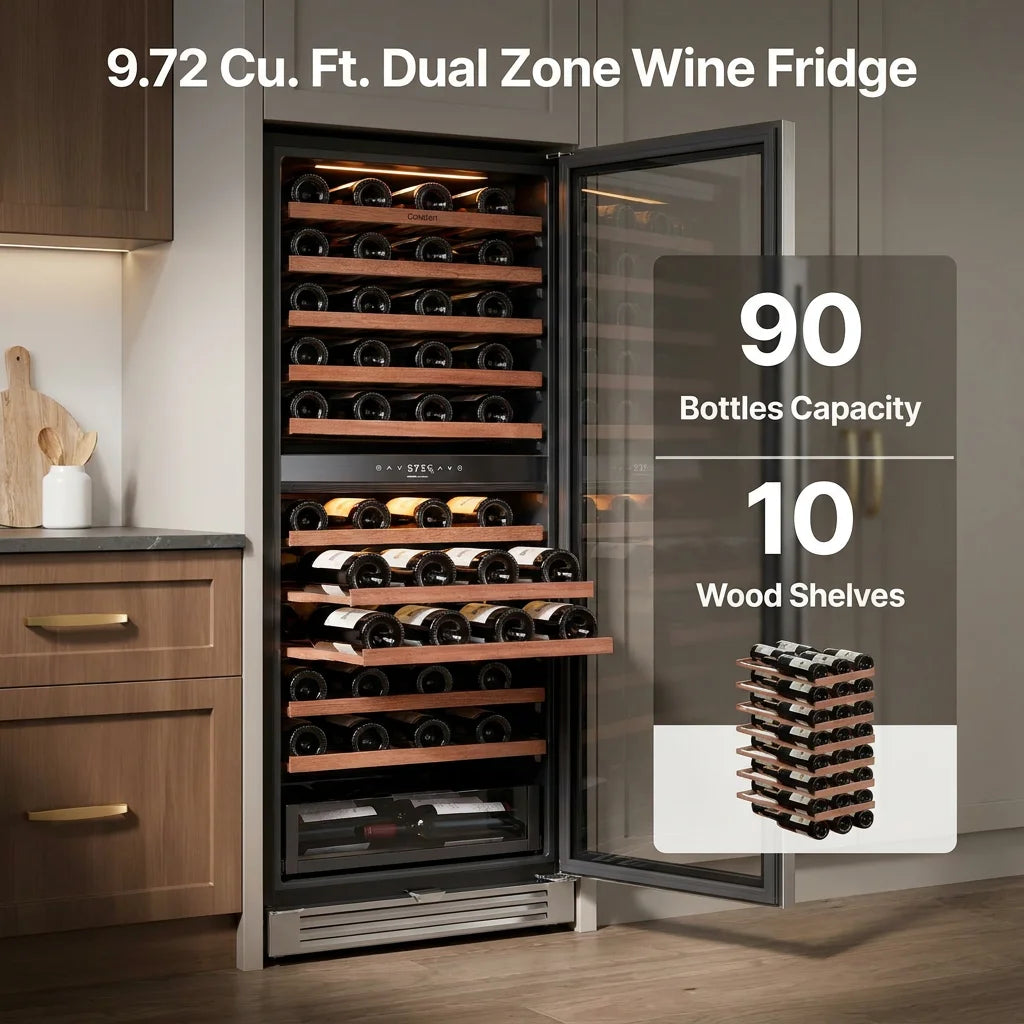 90 Bottle Dual Zone Wine Cooler Fridge 275L | Built-in Wine Refrigerator with Dual NTC Sensor, Electronic Temperature Control 5–18°C, ETL Energy Star, 41dB Low Noise Wine Cabinet for Home Bar & Kitchen