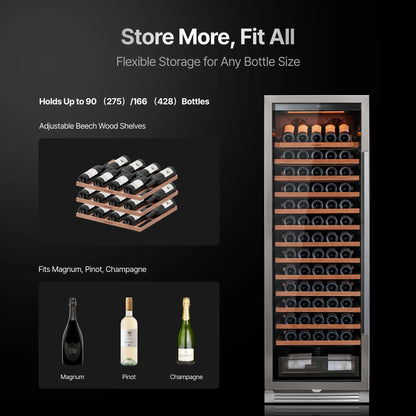 166 Bottle Wine Cooler Refrigerator | Large Capacity Stainless Steel Wine Cabinet with Compressor Cooling & Adjustable Temperature for Home, Hotel & Commercial Use