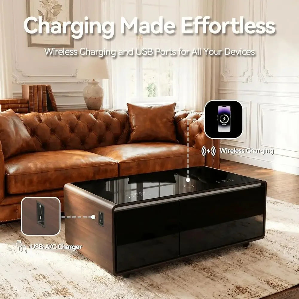 Smart Coffee Table with Built-in Fridge, Speakers & 15W Wireless Charging | Living Room Smart Table for Home Use