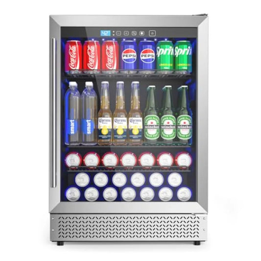 24 Inch Beverage Refrigerator Cooler | 180 Can Capacity Stainless Steel Black Fridge with Glass Door & Adjustable Temperature (37–64°F) for Kitchen, Home Bar & Office