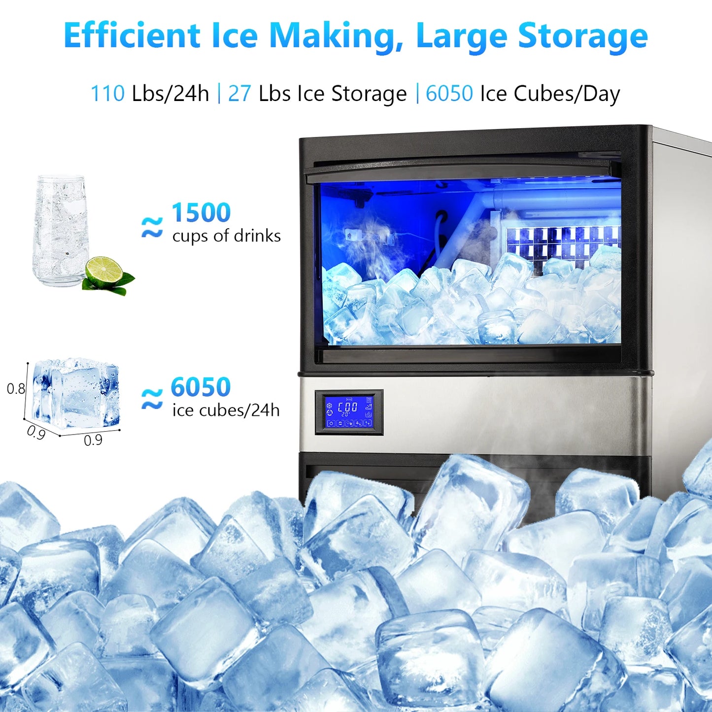 Commercial Ice Maker 110–264 LBS/24H – Stainless Steel Under Counter Ice Machine, Auto Operation for Home, Bar & Café