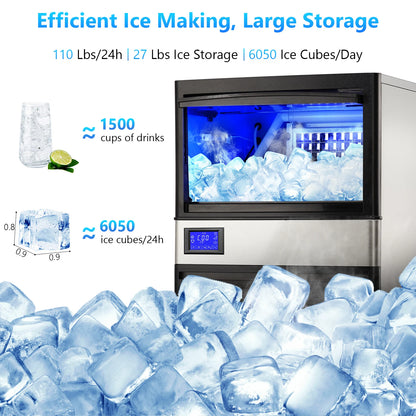 Commercial Ice Maker 110–264 LBS/24H – Stainless Steel Under Counter Ice Machine, Auto Operation for Home, Bar & Café