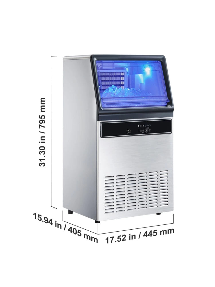 Commercial Ice Maker 130 LBS/24H – 33 LBS Storage Bin, 45 Cubes per Cycle, Stainless Steel Freestanding & Under Counter Ice Machine with LED Display & Self-Cleaning for Home, Bar & Restaurant