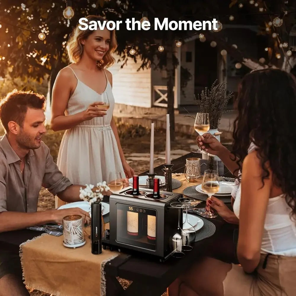 Electric Wine Chiller Set | 46–64°F Wine Cooler for 2 Standard Bottles (3.6” Diameter) with Electric Opener & 2 Glasses | All-in-One Wine Gift Set for Home Use