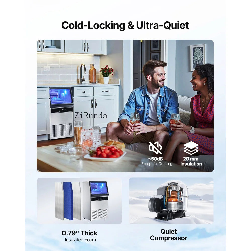Commercial Ice Maker 130 LBS/24H – 33 LBS Storage Bin, 45 Cubes per Cycle, Stainless Steel Freestanding & Under Counter Ice Machine with LED Display & Self-Cleaning for Home, Bar & Restaurant