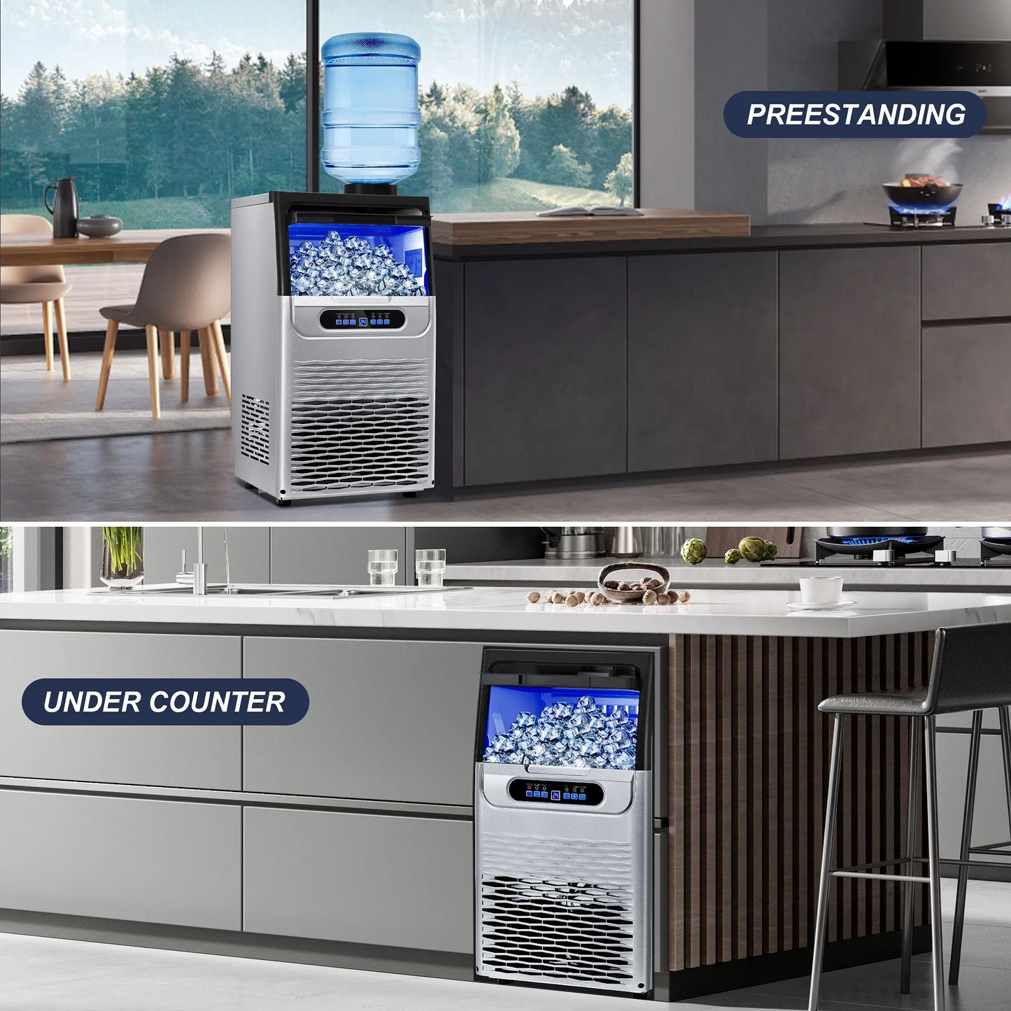 Commercial Ice Maker 100 LBS/24H – Stainless Steel Ice Machine with Adjustable Ice Thickness, Quiet & Auto Cleaning for Bar, Hotel & Catering