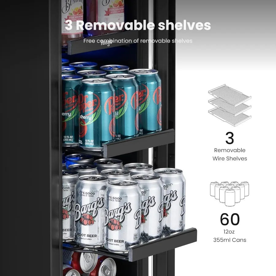 12 Inch Beverage Refrigerator | 60 Can Beer Cooler with Glass Door | Under Counter Built-in Drink Fridge with Adjustable Temperature (34–54°F) for Home & Bar