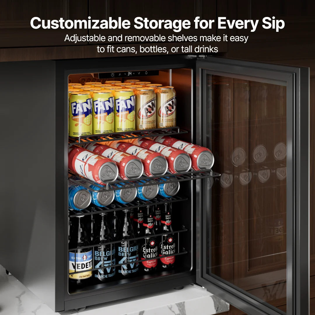 Ca'Lefort 62L Beverage Refrigerator, Mini Drink Fridge with Glass Door, Digital Temperature Control, Adjustable Shelves, Reversible Door for Beer, Soda, Wine & Beverages, Home, Office & Dorm
