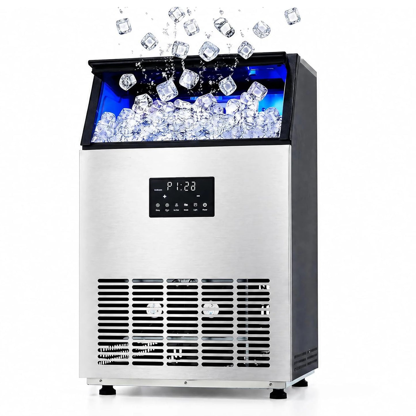Commercial Ice Maker 100 LBS/24H – Under Counter & Freestanding, 40 LBS Storage Bin, Fast 15-Min Ice, Auto Clean Stainless Steel Ice Machine