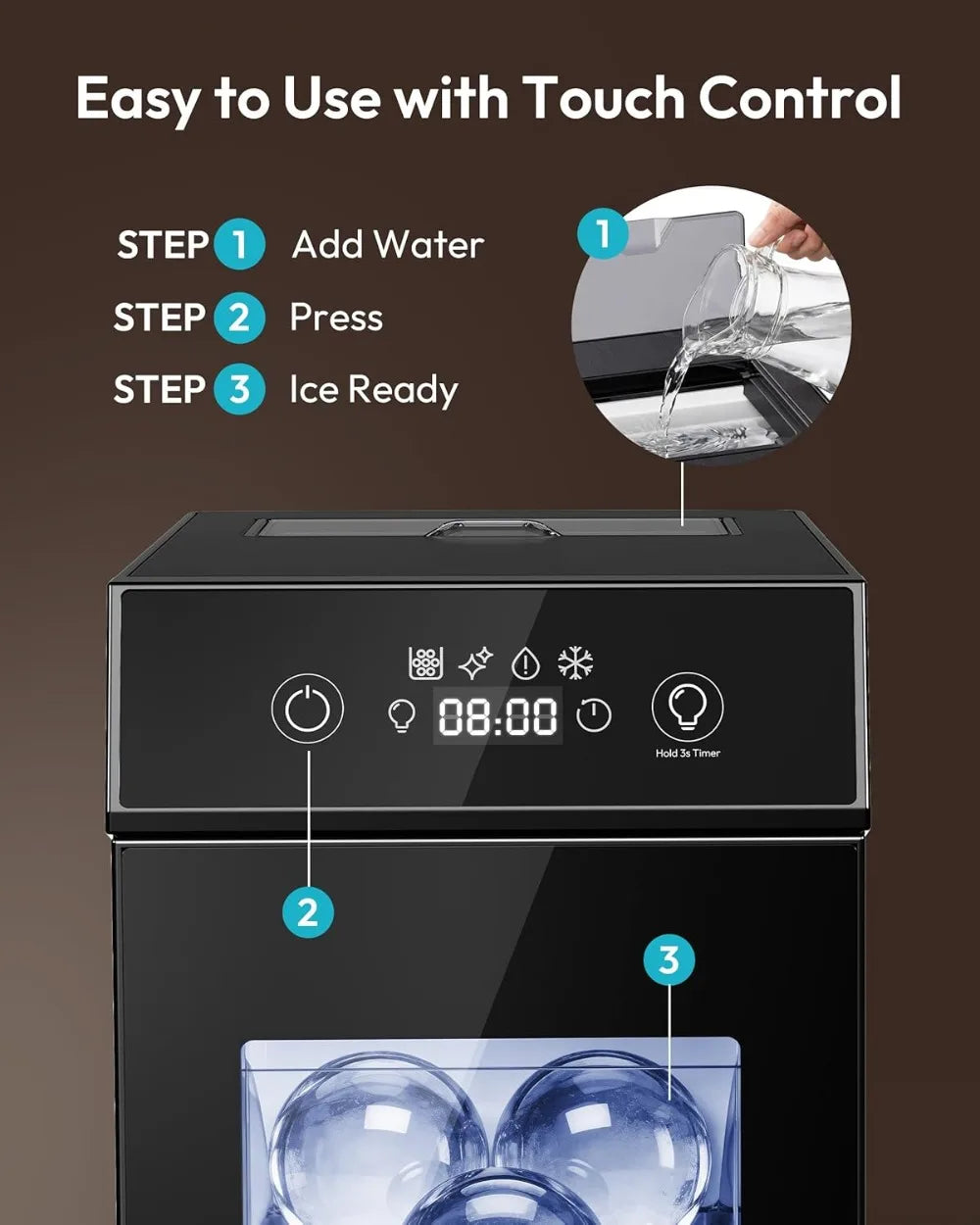 Crystal Clear Ice Ball Maker Machine 2.4", Countertop Sphere Ice Maker, 2 Molds, 48 Ice Balls/Day, Self-Cleaning, 8H Timer for Whiskey & Bourbon