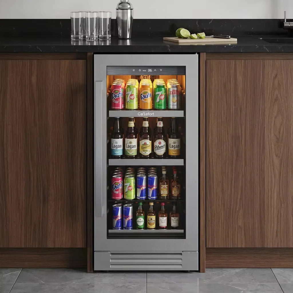 15 Inch Beverage Refrigerator Cooler | 100 Can Mini Fridge with Glass Door | Compact Beverage Cooler for Home & Office Use
