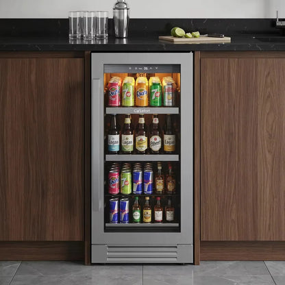 15 Inch Beverage Refrigerator Cooler | 100 Can Mini Fridge with Glass Door | Compact Beverage Cooler for Home & Office Use