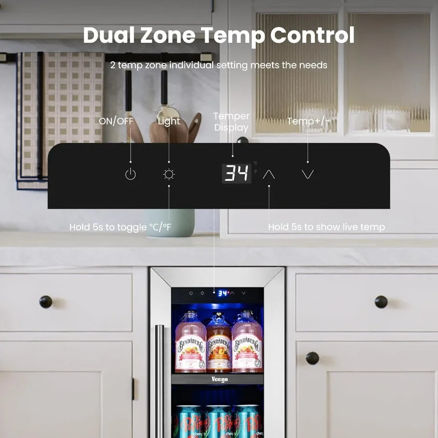 12 Inch Beverage Refrigerator | 60 Can Beer Cooler with Glass Door | Under Counter Built-in Drink Fridge with Adjustable Temperature (34–54°F) for Home & Bar