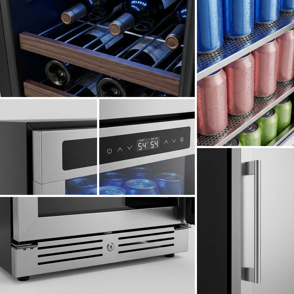 Dual Zone Wine Fridge 275L | 40 Bottle + 112 Can Beverage Cooler | Multi-Temperature Refrigerator with Reversible Door