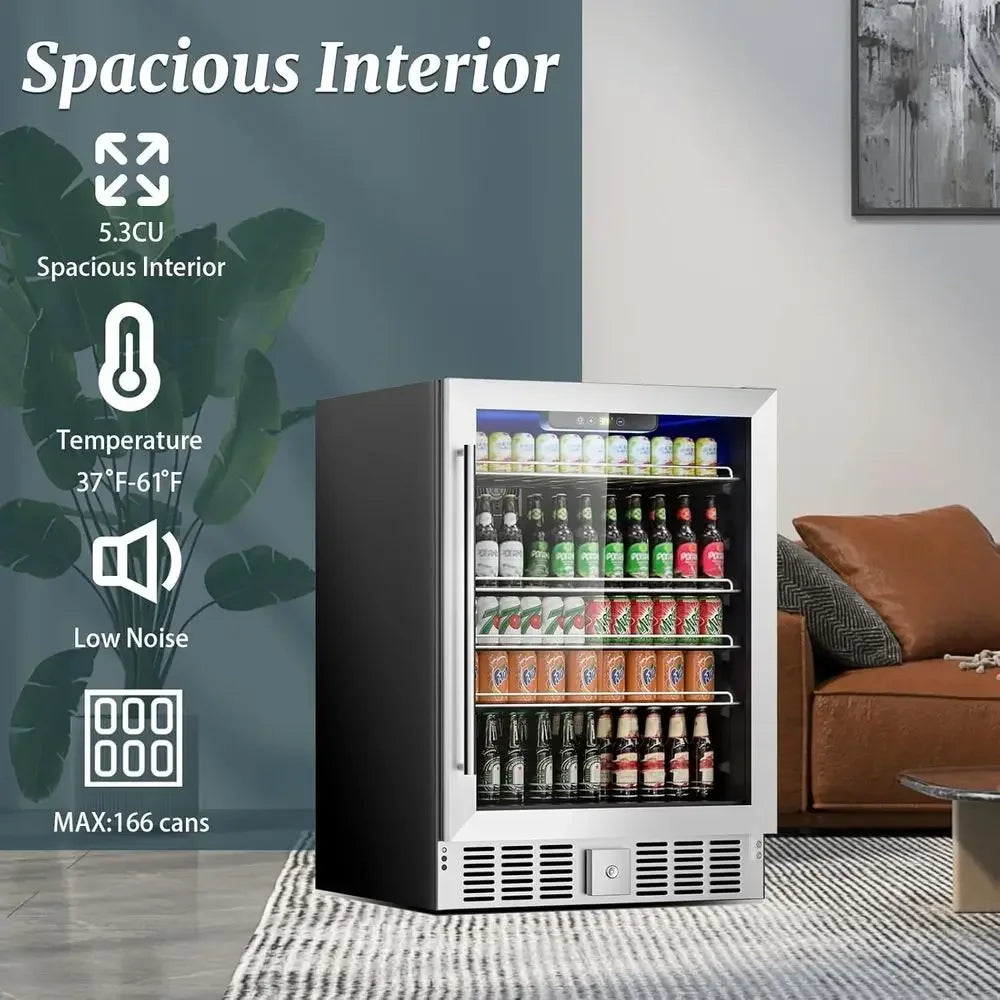 166 Can Mini Beverage Refrigerator | 5.3 Cu.Ft Compact Fridge with Reversible Glass Door, Adjustable Temperature Control for Soda, Beer & Wine