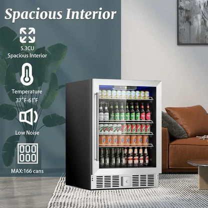 166 Can Mini Beverage Refrigerator | 5.3 Cu.Ft Compact Fridge with Reversible Glass Door, Adjustable Temperature Control for Soda, Beer & Wine