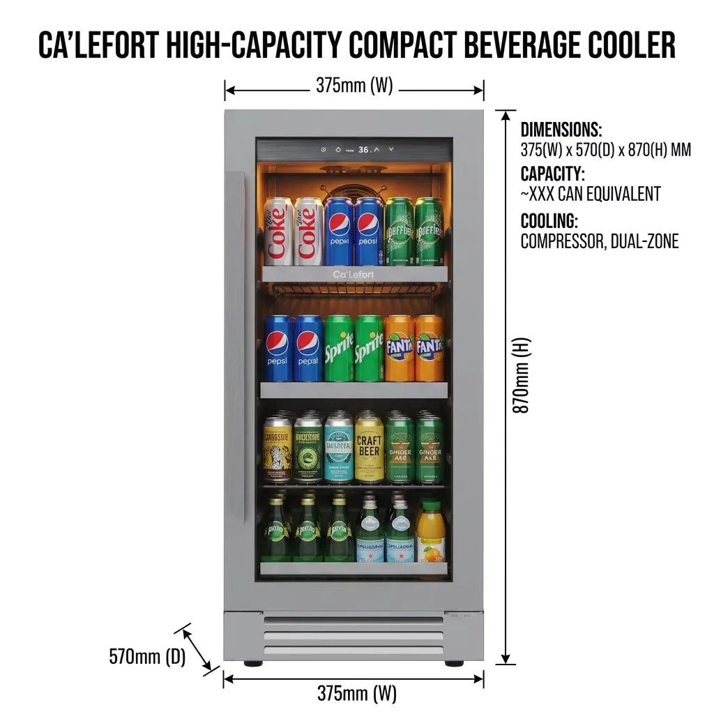15 Inch Beverage Refrigerator Cooler | 100 Can Mini Fridge with Glass Door | Compact Beverage Cooler for Home & Office Use