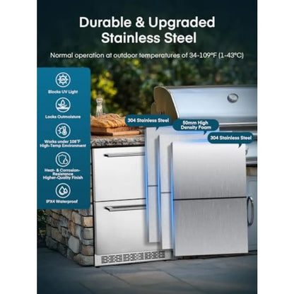 24” Undercounter Drawer Refrigerator – Stainless Steel, Waterproof Indoor/Outdoor Beverage Fridge for Home & Commercial Use