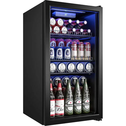 Mini Glass Door Beverage Cooler – 130-Can Capacity, 3.2 Cu.Ft, Adjustable Shelves, Digital Temperature Display, Black Compact Refrigerator
