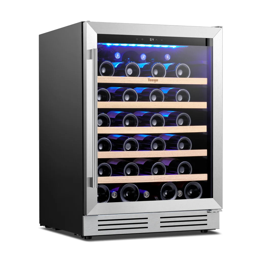 52-Bottle Wine Cooler, 5.12 Cu. Ft. Compressor Wine Fridge with Single Temperature Zone, Air Cooling, Blue LED Light, Door Lock & Auto Defrost