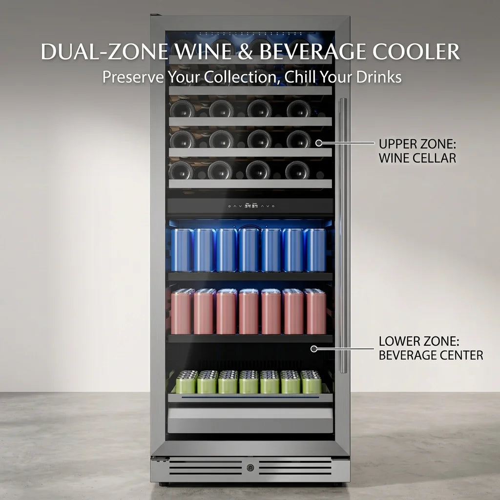 Dual Zone Wine Fridge 275L | 40 Bottle + 112 Can Beverage Cooler | Multi-Temperature Refrigerator with Reversible Door