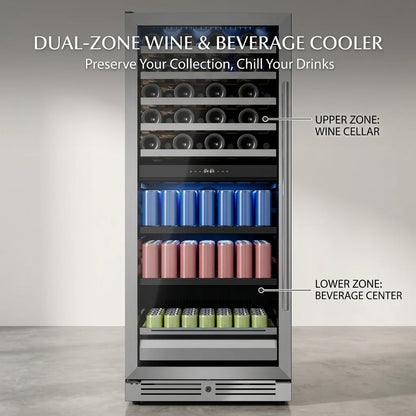 Dual Zone Wine Fridge 275L | 40 Bottle + 112 Can Beverage Cooler | Multi-Temperature Refrigerator with Reversible Door