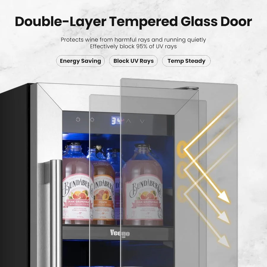 12 Inch Beverage Refrigerator | 60 Can Beer Cooler with Glass Door | Under Counter Built-in Drink Fridge with Adjustable Temperature (34–54°F) for Home & Bar