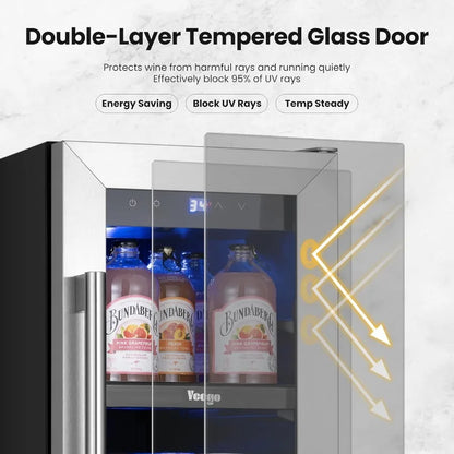 12 Inch Beverage Refrigerator | 60 Can Beer Cooler with Glass Door | Under Counter Built-in Drink Fridge with Adjustable Temperature (34–54°F) for Home & Bar