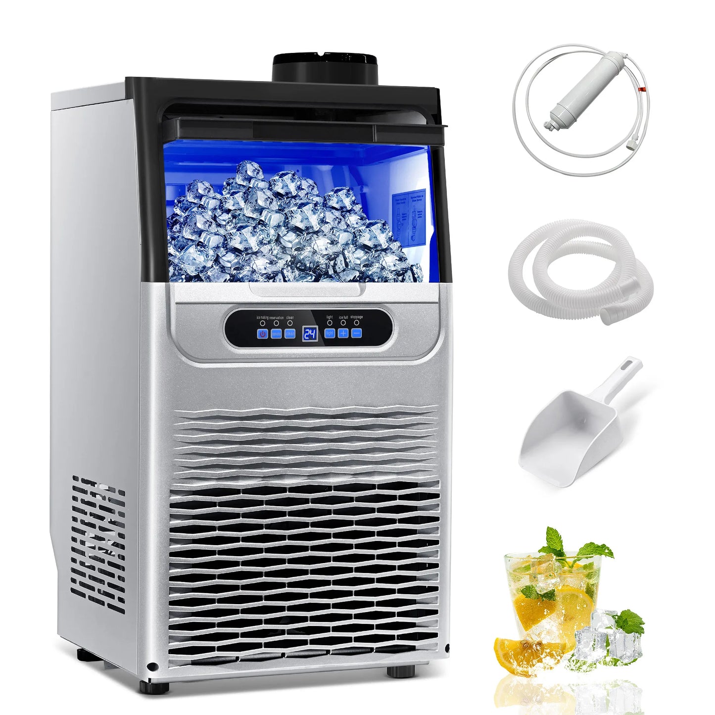 Commercial Ice Maker 100 LBS/24H – Stainless Steel Ice Machine with Adjustable Ice Thickness, Quiet & Auto Cleaning for Bar, Hotel & Catering