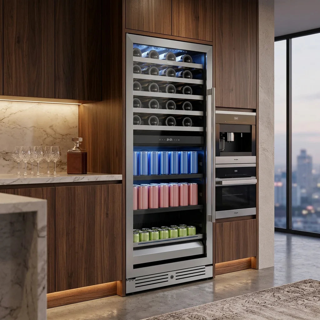 Dual Zone Wine Fridge 275L | 40 Bottle + 112 Can Beverage Cooler | Multi-Temperature Refrigerator with Reversible Door