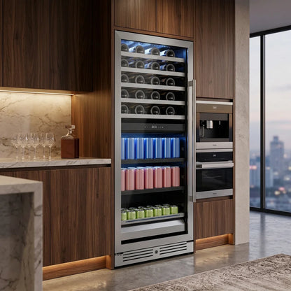 Dual Zone Wine Fridge 275L | 40 Bottle + 112 Can Beverage Cooler | Multi-Temperature Refrigerator with Reversible Door