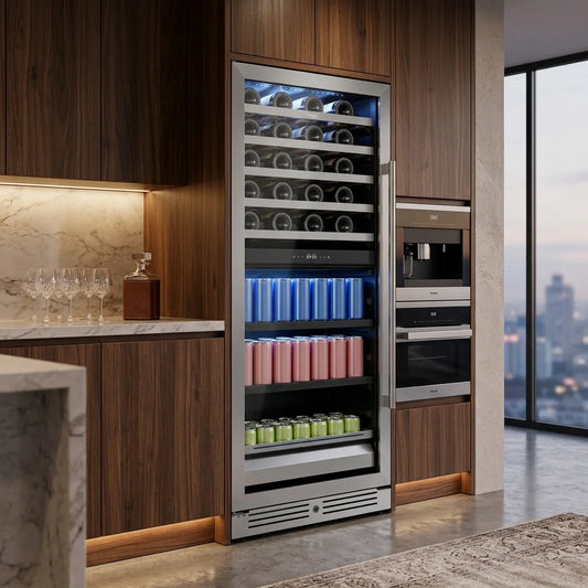 Dual Zone Wine Fridge 275L | 40 Bottle + 112 Can Beverage Cooler | Multi-Temperature Refrigerator with Reversible Door