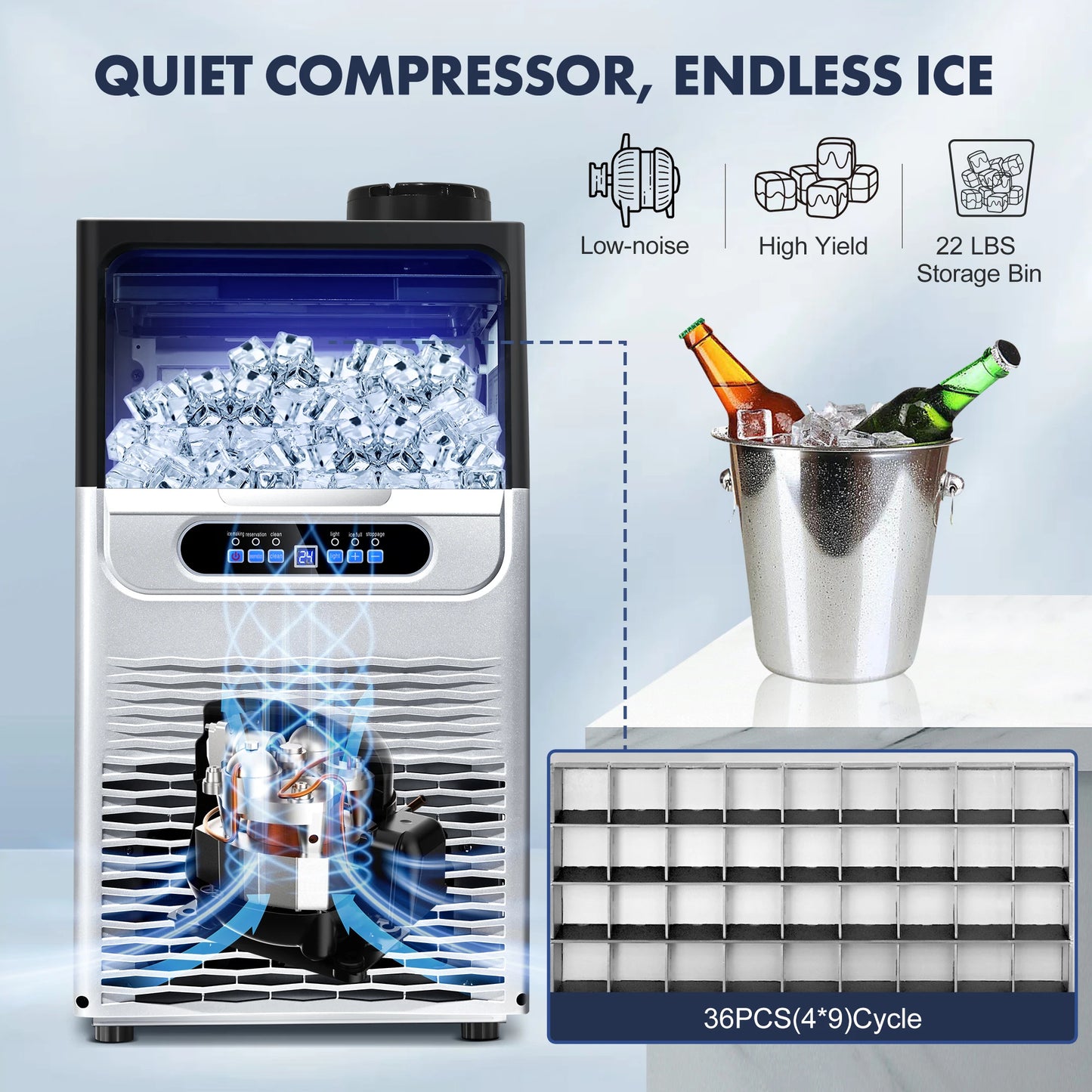 Commercial Ice Maker 100 LBS/24H – Stainless Steel Ice Machine with Adjustable Ice Thickness, Quiet & Auto Cleaning for Bar, Hotel & Catering